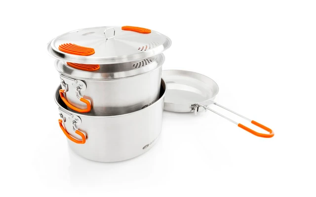 GSI Stainless Base Camper Medium Kochset 6 Teilig 2 Töpfe 2 / 3 Liter Bratpfanne 22,8 Cm 1 GSI Stainless Base Camper Medium Kochset 6 Teilig 2 Töpfe 2 / 3 Liter Bratpfanne 22,8 Cm